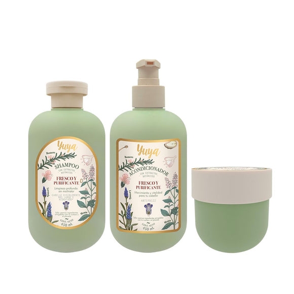 Kit Shampoo, Acondicionador y Mascarilla para el cabello Fresco y Purificante Romero y Menta - Yuya