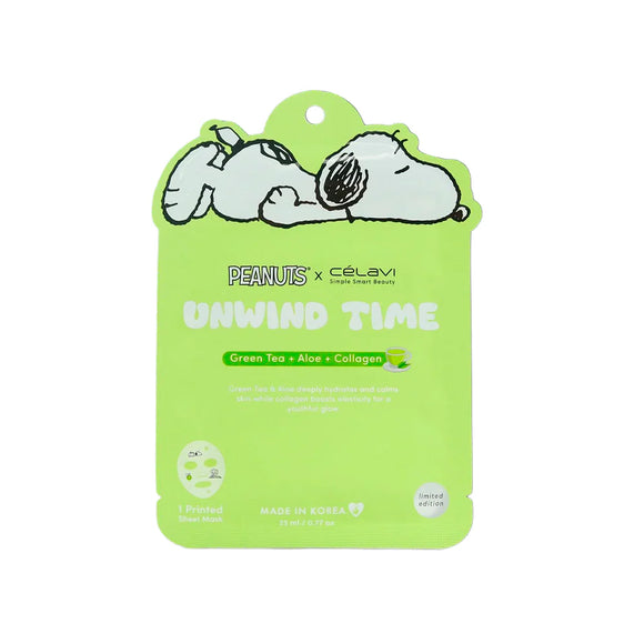 Mascarilla Té verde + Aloe + Colágeno Unwind Time - Celavi x Snoopy