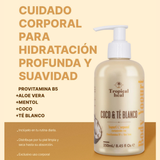 yogurt corporal, hidratante corporal, provitamina B5, Tropical Heal, body yogurt, crema corporal, aloe vera, coco, té blanco, humectación corporal, cuidado corporal, skincare corporal.